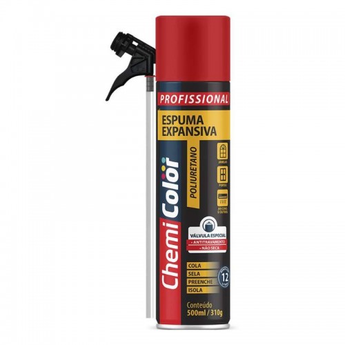 ESPUMA POLIURETANO PROFISSIONAL 500ML-310GR C/VALVULA ESPECIAL ANTITRAVAMENTO NAO SECA CHEMICOLOR